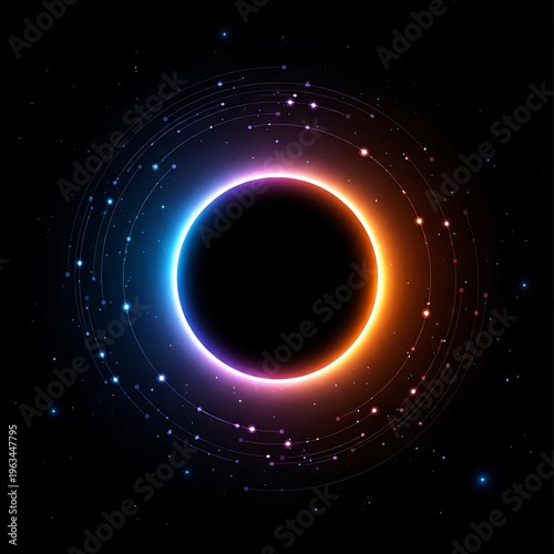 Solar eclipse with vibrant colorful ring and stars in space