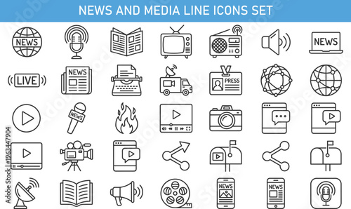 News and media line icons set, journalism, broadcasting, live news, television, radio, podcast, press, reporting, multimedia communication vector outline symbols