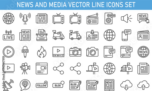 News and media vector line icons set, journalism, live broadcast, reporter, newspaper, podcast, press symbols outline illustration isolated background
