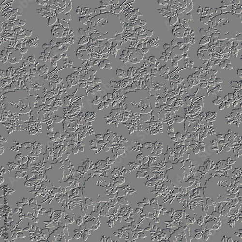 3d embossed floral roses flowers seamless pattern. Textured white gray emboss vector background with relief line art rose flowers, leaves, berries. Beautiful surface endless texture with 3d effect.