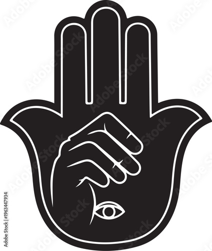 Black Hamsa Hand symbol with eye, evil eye protection, palmistry icon, hand gesture