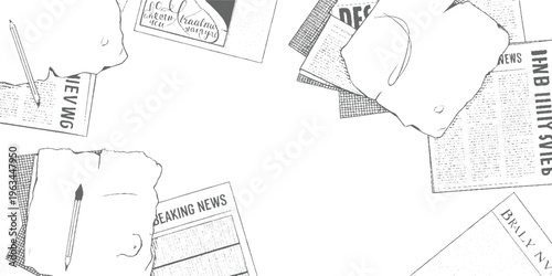 Hand drawn of crumpled newspapers and pencils on white background torn