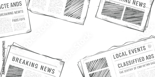 Collection of vintage newspapers with headlines like breaking news and classified ads