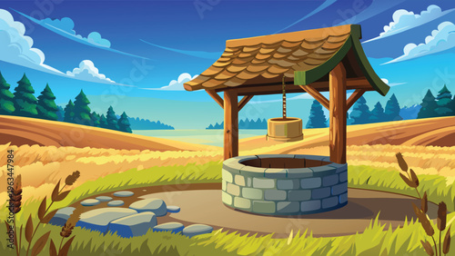 A serene stone water well stands in the middle of a golden field under a vibrant blue sky scene.