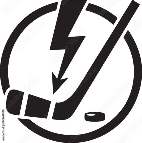 Hockey stick, puck, lightning bolt icon, sports logo, black silhouette
