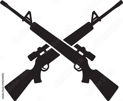 Crossed rifle and pistol, gun silhouettes, black weapons, firearm icons, vector graphics