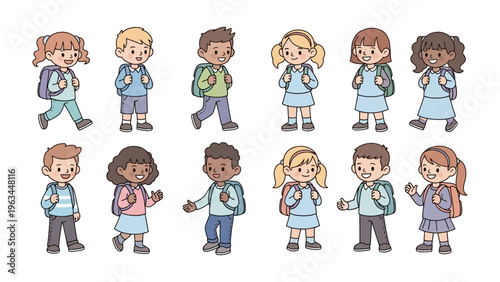 School Children Going to School: A collection of diverse young students, each with a backpack, joyfully heading to school, symbolizing the anticipation and journey of learning. 