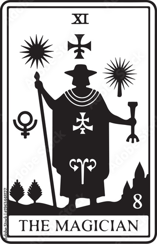 The Magician, Tarot Card, Black and White, Vector Illustration, Occult Symbolism