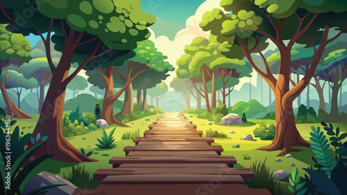 A serene wooden path leads through a lush green forest toward a bright glowing light at the end
