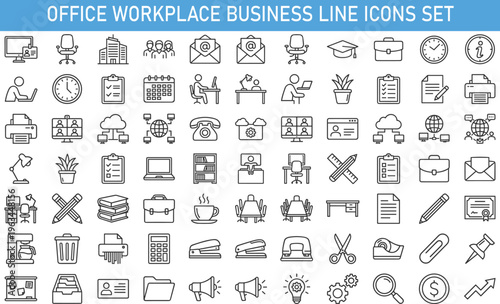 office workplace business line icons set, corporate communication teamwork management productivity technology workspace vector outline collection for modern office organization and professional work