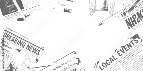 Scattered newspaper pages with headlines and text in grayscale breaking local events