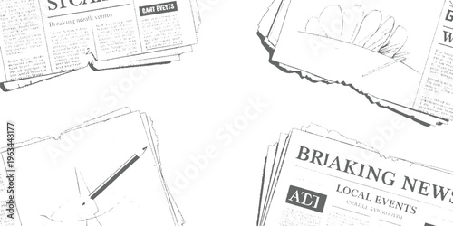 Stack of newspapers with headlines and pencil on white background breaking