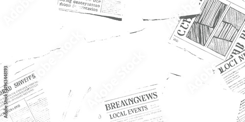 Scattered grey newspaper pages with visible headlines and text fragments on a white background print