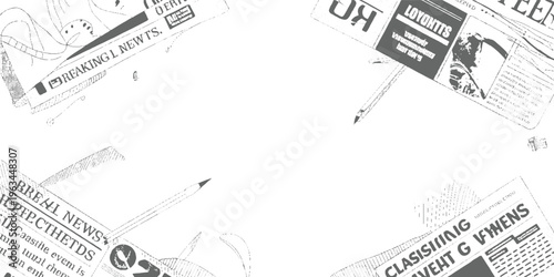 Scattered newspaper clippings and pencils on a white background writing