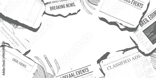 Torn grey newspapers with headlines breaking news local events classified ads and pencil