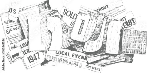 Scattered vintage newspaper clippings with headlines and text in grayscale