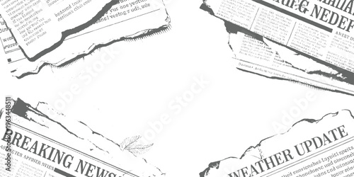 Torn newspaper pages with breaking news and weather update headlines in grayscale