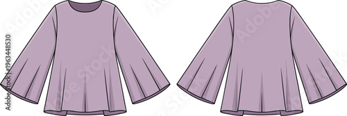 Front and back view of a purple flared bell sleeve blouse technical fashion sketch vector illustration for apparel design mockup and clothing tech pack template.