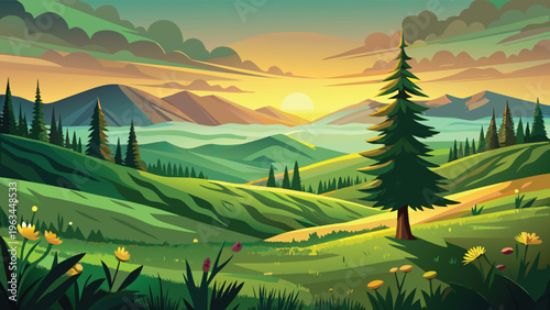 A serene landscape featuring rolling green hills and a solitary pine tree under a golden sunrise