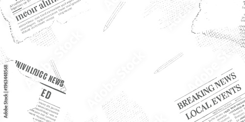 Torn newspaper fragments with headlines and text in gray and white