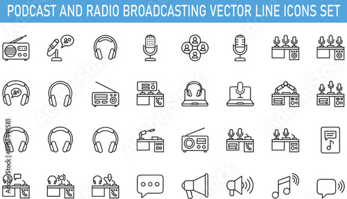 Podcast and radio broadcasting vector line icons set, microphone, headphones, audio recording studio, music streaming, media production symbols outline illustration isolated background