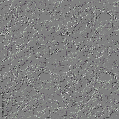 3d embossed floral roses flowers seamless pattern. Textured white gray emboss vector background with relief line art rose flowers, leaves, berries. Beautiful surface endless texture with 3d effect.