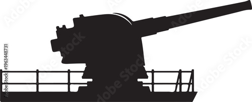 Naval gun silhouette, warship cannon, military vector, black illustration