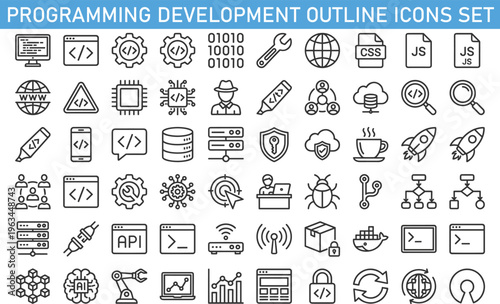 programming development outline icons set, software coding technology symbols collection, web development vector icons, developer tools programming elements, coding interface tech icons pack