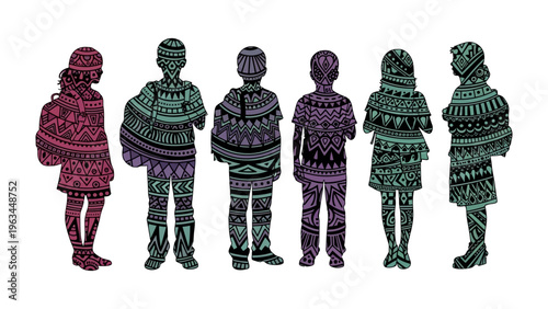 Patterned People Silhouette: An artistically rendered illustration showcases a group of children, each adorned in distinct patterned attire.