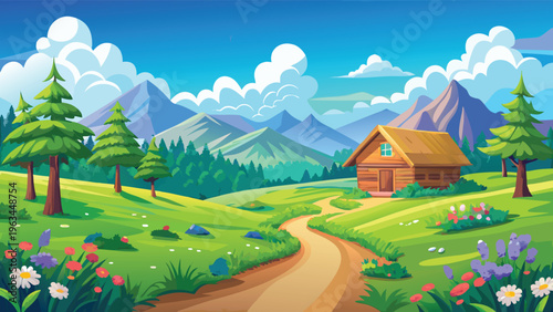 A serene pixel art landscape featuring a quaint wooden cabin nestled in a lush mountain valley.