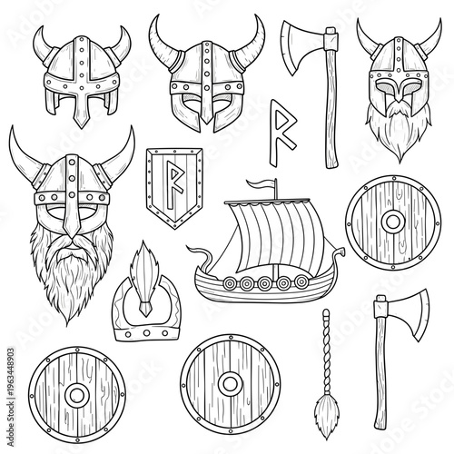 Set of viking life and item sketches