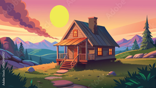 A serene pixel art landscape featuring a cozy cabin nestled under a bright and warm sunset sky