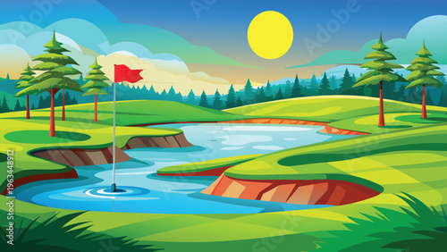 A vibrant cartoon illustration of a scenic golf course hole featuring a water hazard and a sun.