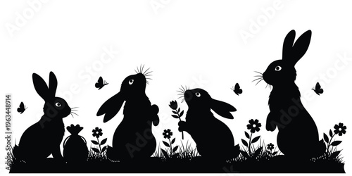 Silhouette of four rabbits in a floral meadow with butterflies