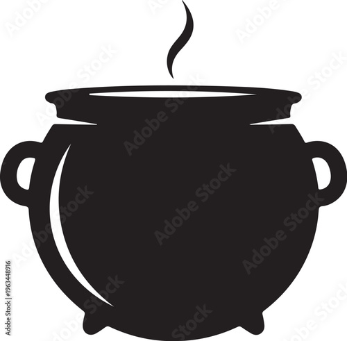 Witch cauldron black silhouette vector, steaming magic potion pot icon, spooky Halloween boiling kettle with steam, mystical alchemy vessel