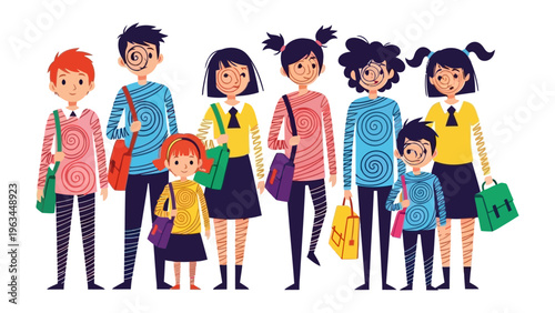 Back to School: A cheerful illustration showcases a diverse group of children, all prepared for the school year, wearing stylish attire, each carrying schoolbags.