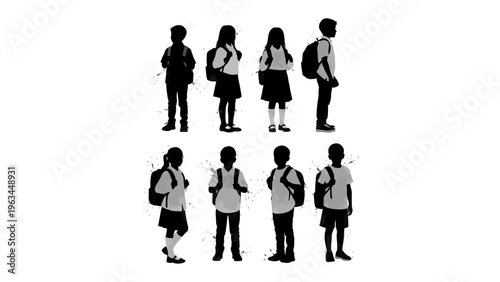 School Silhouette: A collection of school children's silhouettes, depicting a group of students in various poses. These figures are ideal for educational or conceptual projects.