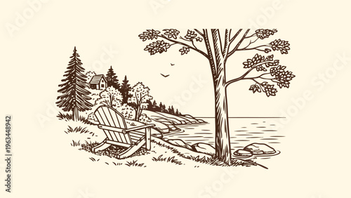 Rustic Lakeside Campfire Vector Illustration - Hand Drawn Cabin in the Woods with Adirondack Chair and Birch Trees