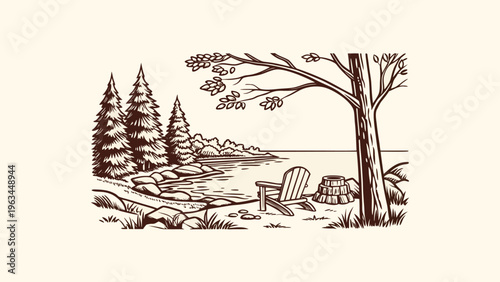 Rustic Lakeside Campfire Vector Illustration - Hand Drawn Cabin in the Woods with Adirondack Chair and Birch Trees