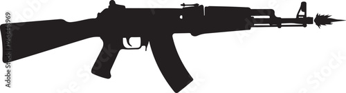 Assault rifle silhouette with muzzle flash, automatic weapon firing vector icon, military firearm profile, black gun graphic for gaming and tactical design