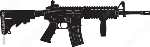 Tactical assault rifle silhouette vector, modern military firearm illustration, black automatic carbine weapon icon for gaming and security design