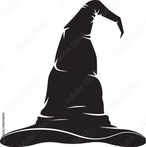 Witch hat silhouette vector, black pointed wizard hat icon, mystical halloween headwear graphic, magical sorcerer costume accessory element