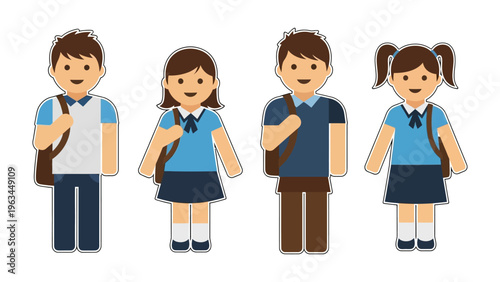 School Uniformed Children: Four students stand in a line, each dressed in a neat school uniform, carrying bags and radiating the vibrant energy and spirit of education