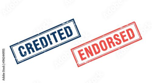 Two rectangular stamps, one blue with 'CREDITED' and one red with 'ENDORSED', on a white background.