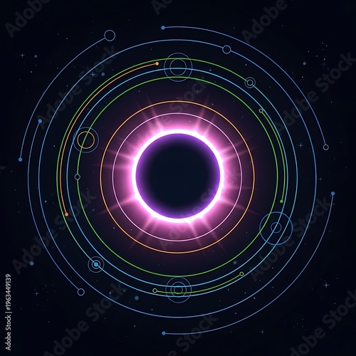Vibrant purple ring with colorful concentric circles on black background with stars