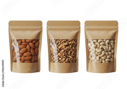 Three paper bags filled with different types of nuts displayed in a row