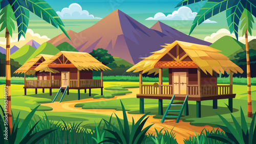 A serene tropical landscape featuring traditional stilt houses nestled in a lush green valley