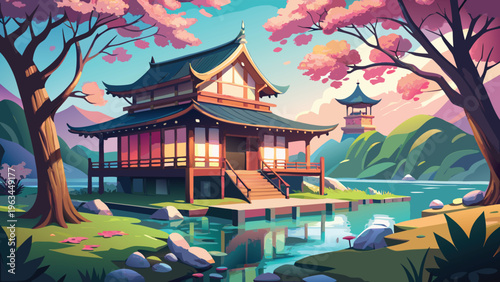 A serene traditional japanese temple building nestled by a calm river under blooming cherry trees