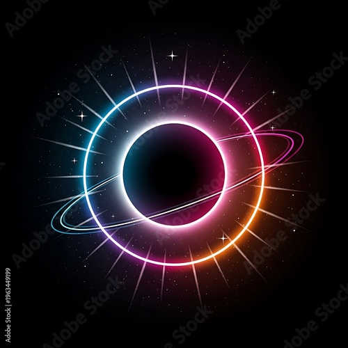 Vibrant neon rings surround a glowing black hole in a starry night sky with radiant beams and sparks