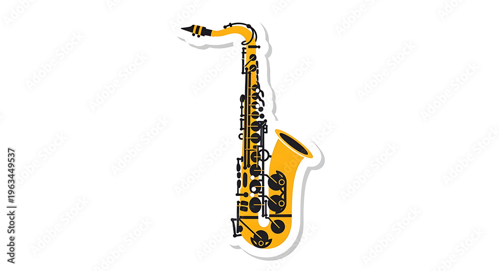Naklejka premium Vibrant yellow saxophone with black keys and musical notes sticker on white background transparent background